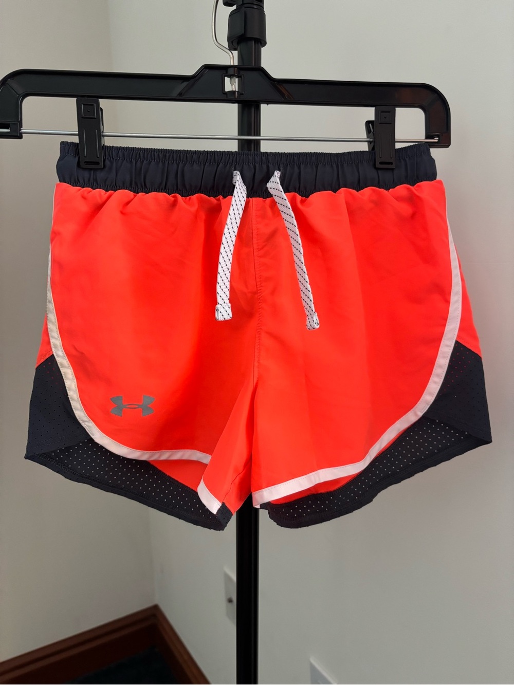 Under Armour Neon Coral and Black Girls' Running Shorts with White Drawcord